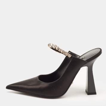 Pre Owned Versace Black Satin Crystal Embellished Pointed Toe Mules Size 36 