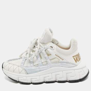 Pre Owned Versace White Leather and Coated Canvas Trigreca Sneakers Size 36
