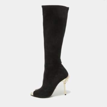 Pre Owned Versace Black Suede Open Toe Knee Length Boots Size 41