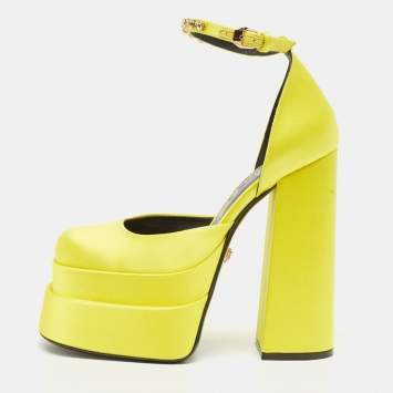Pre Owned Versace Yellow Satin Medusa Aevitas Platform Ankle Strap Pumps Size 37