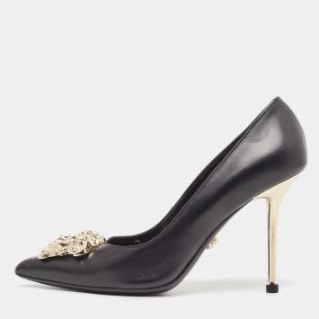 Pre Owned Versace Black Leather Medusa  Pointed Toe Pumps Size 37