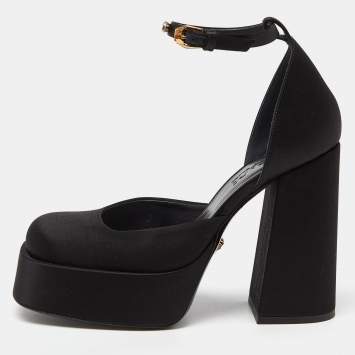 Pre Owned Versace Black Satin Medusa Aevitas Double Platform Pumps Size 37