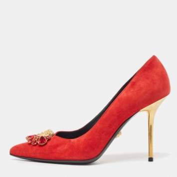 Pre Owned Versace Red Suede Crystal Embellished Medusa Pumps Size 39