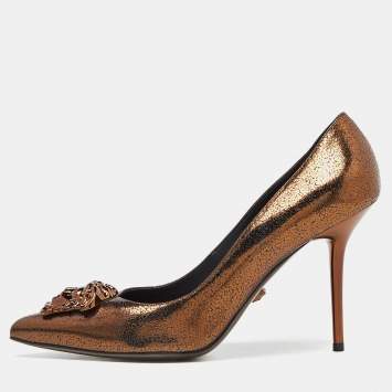 Pre Owned Versace Bronze Leather Medusa Pointed Toe Pumps Size 41