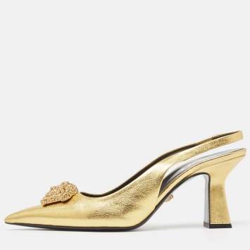 Pre Owned Versace Gold Leather Medusa Slingback Pumps Size 38