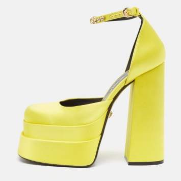 Pre Owned Versace Yellow Satin Medusa  Ankle Strap Pumps Size 40