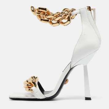 Pre Owned Versace White Leather Medusa Chain Ankle Strap Sandals Size 36