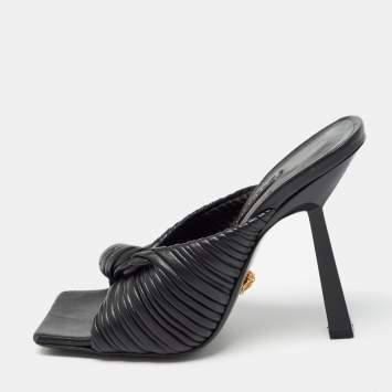 Pre Owned Versace Black Leather Plisse Slide Sandals Size 35
