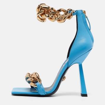 Pre Owned Versace Blue Leather Ankle Strap Sandals Size 35