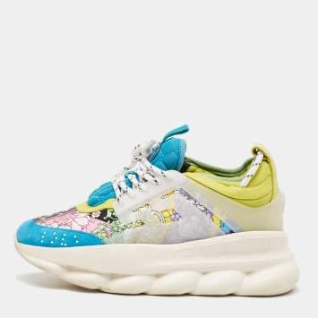 Pre Owned Versace Multicolor Suede and PVC Chain Reaction  Lace Up Sneakers Size 39.5