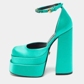 Pre Owned Versace Green Satin Aevitas Block Heel Ankle Strap Pumps Size 35.5 