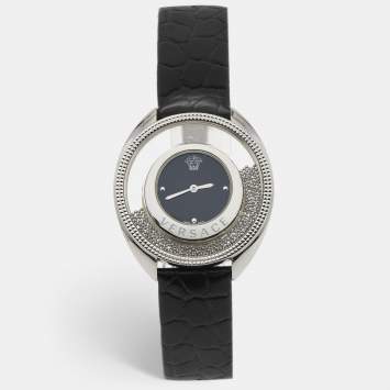 Pre Owned Versace Black Stainless Steel Embossed Leather Destiny Spirit 86Q Women's Wristwatch 39 mm