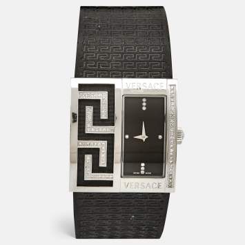 Pre Owned Versace Black Diamonds Stainless Steel Leather  V-Greca 64Q91F Women's Wristwatch 36 mm