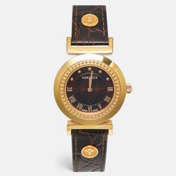 Pre Owned Versace Brown Gold Plated Stainless Steel Leather Vanity P5Q Women's Wristwatch 35 mm