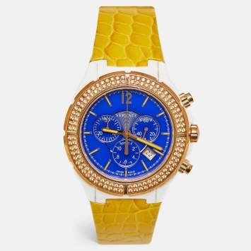 Pre Owned Versace DV One 28C Blue Dial Ceramic Rose Gold Plated Stainless Steel Leather Unisex Wristwatch 42 mm
