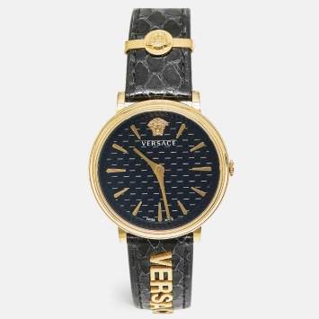 Pre Owned Versace V-Circle VE8101022 Black Dial Gold Tone Stainless Steel Leather Women's Wristwatch 38 mm
