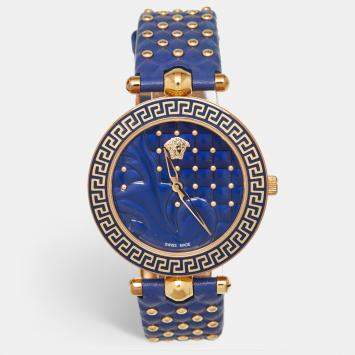 مملوكة مسبقًا Versace Vanitas VK7040013 Blue Dial Rose Gold PVD Coated Stainless Steel Leather Women's Wristwatch 40 mm