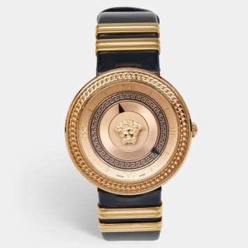 Pre Owned Versace V-Metal VLC030014 Champagne Dial Black Patent Leather Women's Wristwatch 40 mm