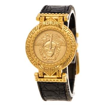 Pre Owned Gianni Versace Signature Medusa Gold Plated Leather Women's Wristwatch 30MM