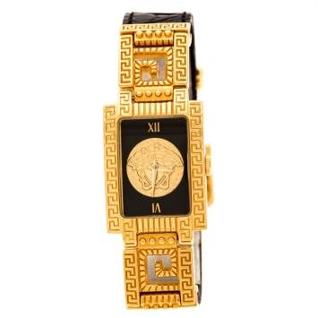 Pre Owned Gianni Versace Black Gold Plated Signature Medusa 7009017 Women's Wristwatch 20 mm
