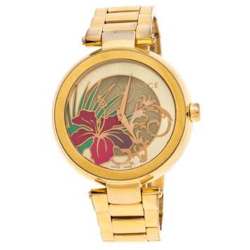 Pre Owned Versace Gold Plated Stainless Steel Mystique Hibiscus Women's Wristwatch 38MM