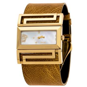 Pre Owned Versace Mother of Pearl Gold Plated Stainless Steel Leather Beauville VSQ90 Women's Wristwatch 38 mm