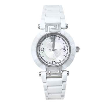 Pre Owned Versace White Mother Of Pearl White Ceramic Stainless Steel Rubber Reve 92Q Women's Wristwatch 35 mm