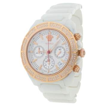 Pre Owned Versace White Ceramic Rose Gold Plated Stainless Steel Diamond DV One 11CC Unisex Wristwatch 40 mm