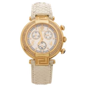 Pre Owned Versace White Mother of Pearl Gold Plated Steel Diamond Python Leather Reve 68C Women's Wristwatch 40 mm