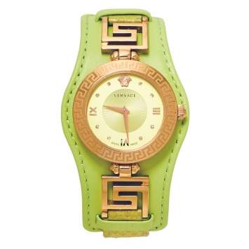 Pre Owned Versace Yellow Green Rose Gold Plated Stainless Steel V Signature VLA070014 Women's Wristwatch 35 mm