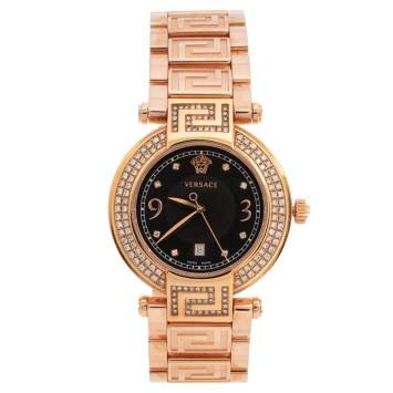 Pre Owned  Versace Black Rose Gold Plated Stainless Steel Diamond Reve 68Q Women's Wristwatch 35 mm