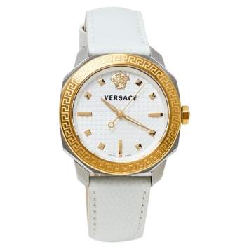 Pre Owned Versace White Two-Tone Stainless Steel Leather Dylos VQD020015 Women's Wristwatch 35 mm