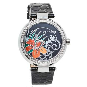 Pre Owned Versace Black Stainless Steel Leather Diamonds Hibiscus Mystique I9Q91D9HI S009 Women's Wristwatch 38 mm