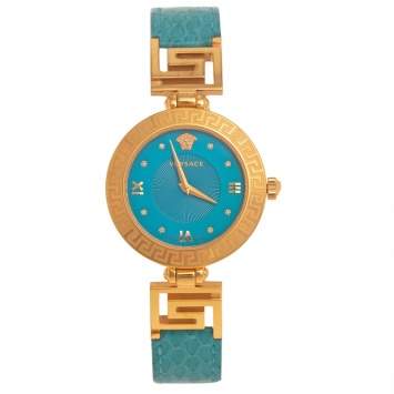 Pre Owned Versace Blue Gold Plated Stainless Steel Leather V-Signature VLA Women's Wristwatch 35 mm