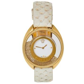 Pre Owned Versace White Gold Plated Stainless Steel Python Leather Destiny Spirit 86Q Women's Wristwatch 39 mm