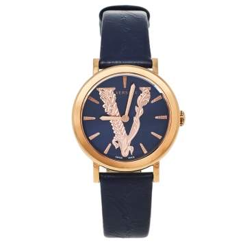 Pre Owned Versace Blue Gold Plated Stainless Steel Leather Virtus VEHC Women's Wristwatch 36 mm