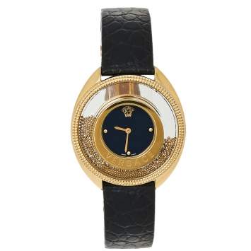 Pre Owned Versace Black Gold Plated Stainless Steel & Leather Destiny Spirit 86Q Women's Wristwatch 39 mm
