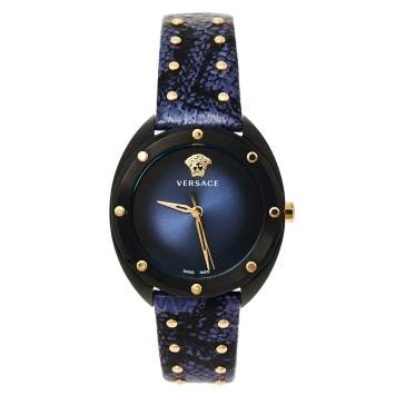 Pre Owned Versace Blue Ion Plated Steel Leather Shadov VEBM00418 Women's Wristwatch 38 mm