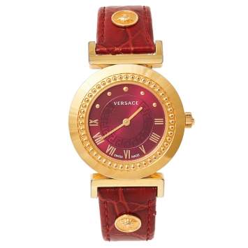 Pre Owned Versace Red Gold Plated Stainless Steel & Leather Vanity P5Q Women's Wristwatch 35 mm
