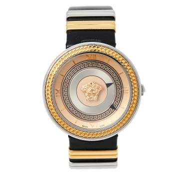 Pre Owned Versace Rose Gold Two-Tone Stainless Steel Leather V-Metal Icon VLC100014 Women's Wristwatch 40 mm