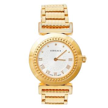 Pre Owned Versace Opaline White Yellow Gold Tone Stainless Steel Vanity P5Q Women's Wristwatch 35 mm