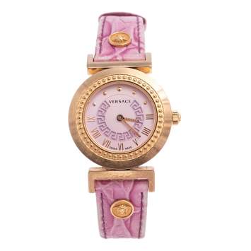 Pre Owned Versace Lilac Gold Plated Stainless Steel Leather Vanity P5Q Women's Wristwatch 35 mm 