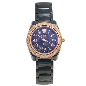 Pre Owned Versace Black Ceramic Rose Gold Stainless Steel Diamonds DV One Glamour 63Q Men's Wristwatch 34 mm