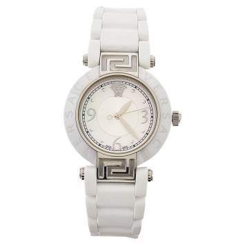 Pre Owned Versace White Mother Of Pearl White Ceramic Stainless Steel Rubber Reve 92Q Women's Wristwatch 35 mm