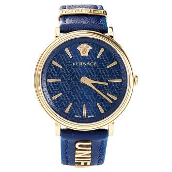 Pre Owned Versace Blue Gold Plated Stainless Steel Leather V-Circle VBP09 0017 Women's Wristwatch 38 mm