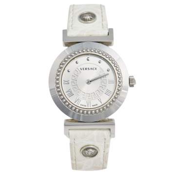 Pre Owned Versace Silver White Stainless Steel Leather Vanity P5Q Women's Wristwatch 35 mm