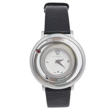 Pre Owned Versace Silver Stainless Steel Leather Venus VFH Women's Wristwatch 39 mm