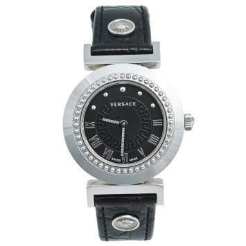 Pre Owned Versace Black Stainless Steel Leather Vanity P5Q Women's Wristwatch 35 mm