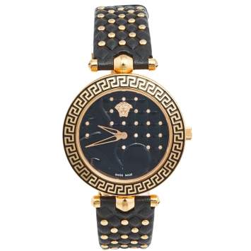 Pre Owned Versace Black Rose Plated Stainless Steel Leather Vanitas VK7070013 Women's Wristwatch 40 mm 