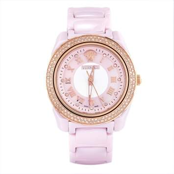 Pre Owned Versace Pink Mother of Pearl Pink Ceramic Rose Gold Plated Stainless Steel DV One 63QCP5 Women's Wristwatch 35 mm